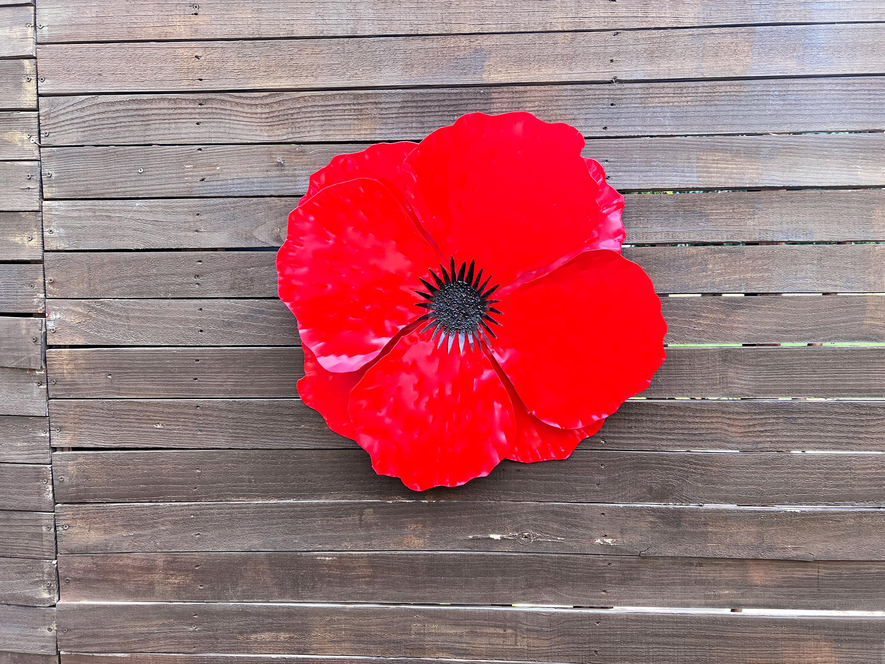 Large Red Metal Poppy Wall Art: Handmade Weather Resistant Flower
