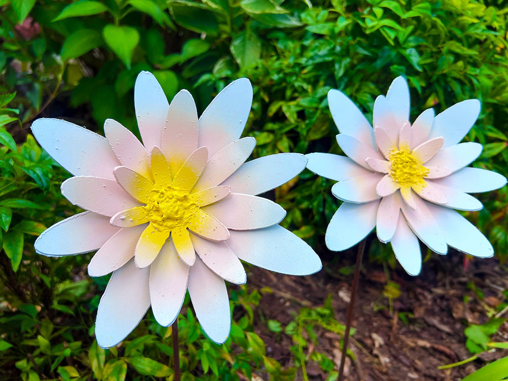 Handmade Metal Water Lily Garden Stakes - Pink & White Floral Decor