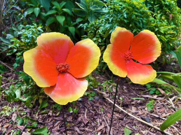 Handmade Metal California Poppy Set: Orange & Yellow Flower Garden Stakes