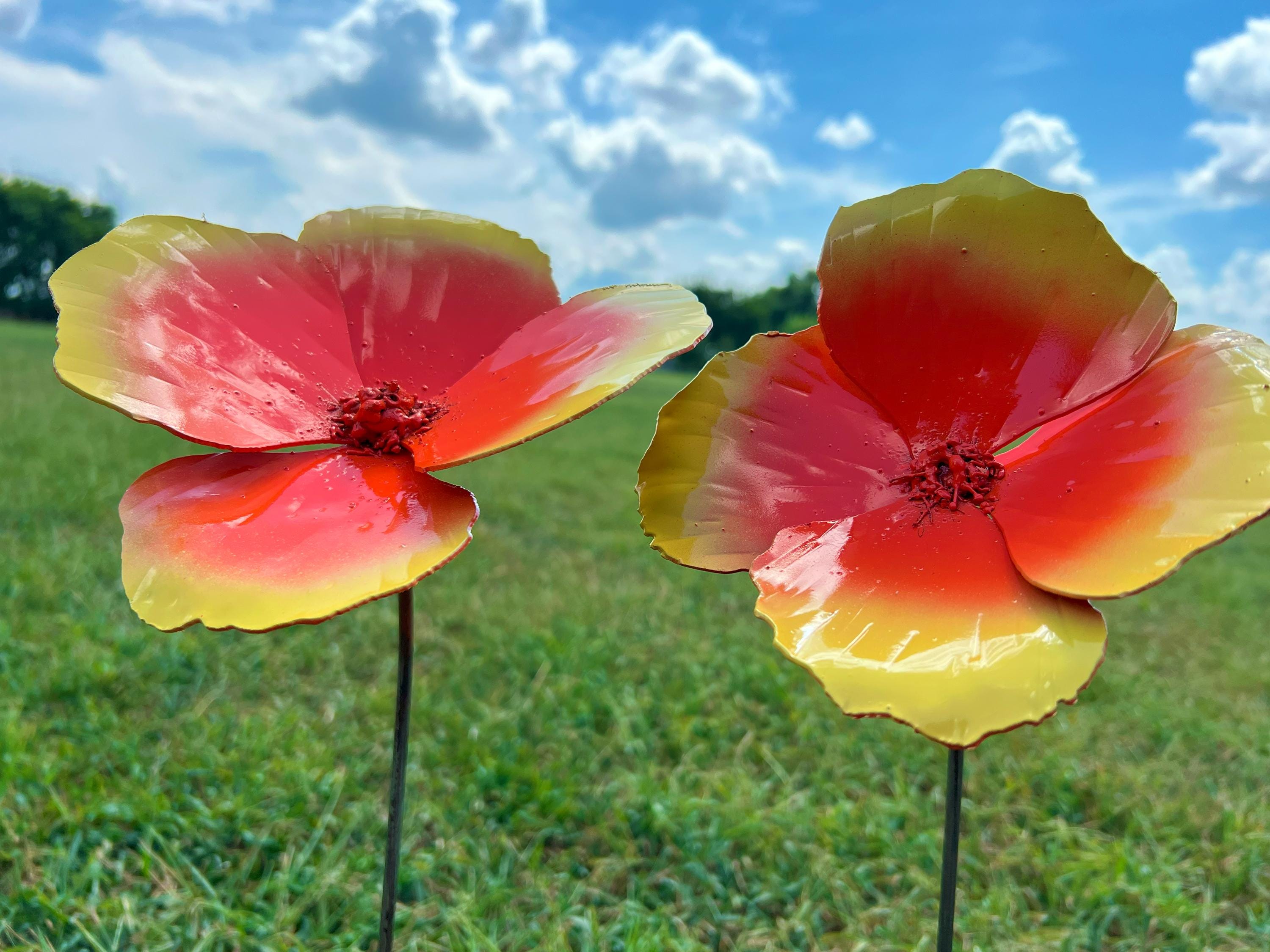 Handmade Metal California Poppy Set: Orange & Yellow Flower Garden Stakes