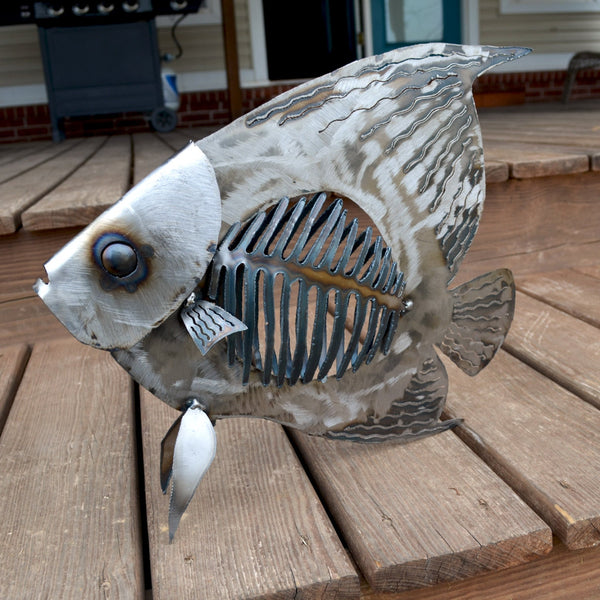 Metal Angelfish Sculpture: Nautical Steel Bone Fish Art