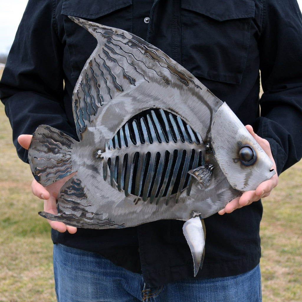 Metal Angelfish Sculpture: Nautical Steel Bone Fish Art
