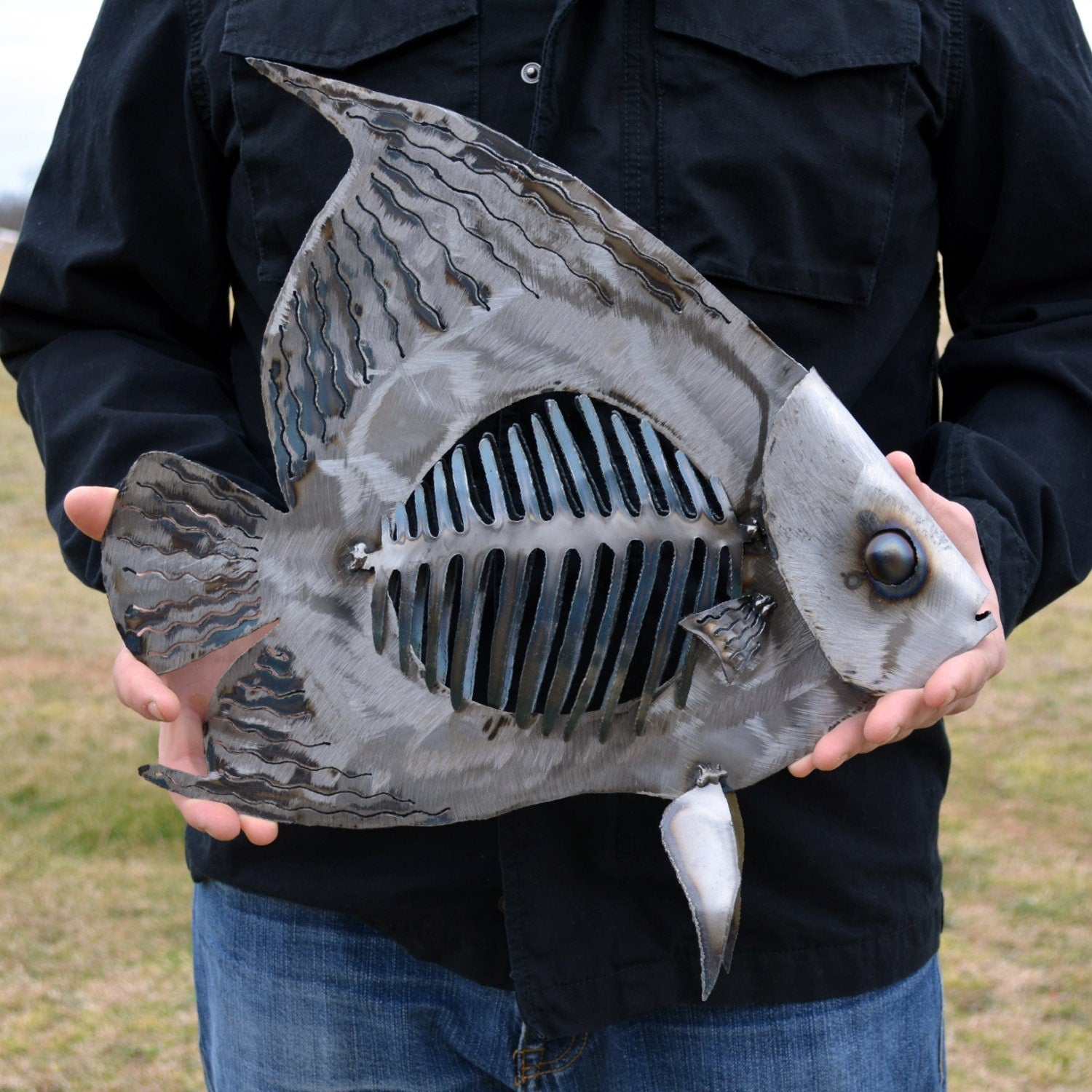 Metal Angelfish Sculpture: Nautical Steel Bone Fish Art