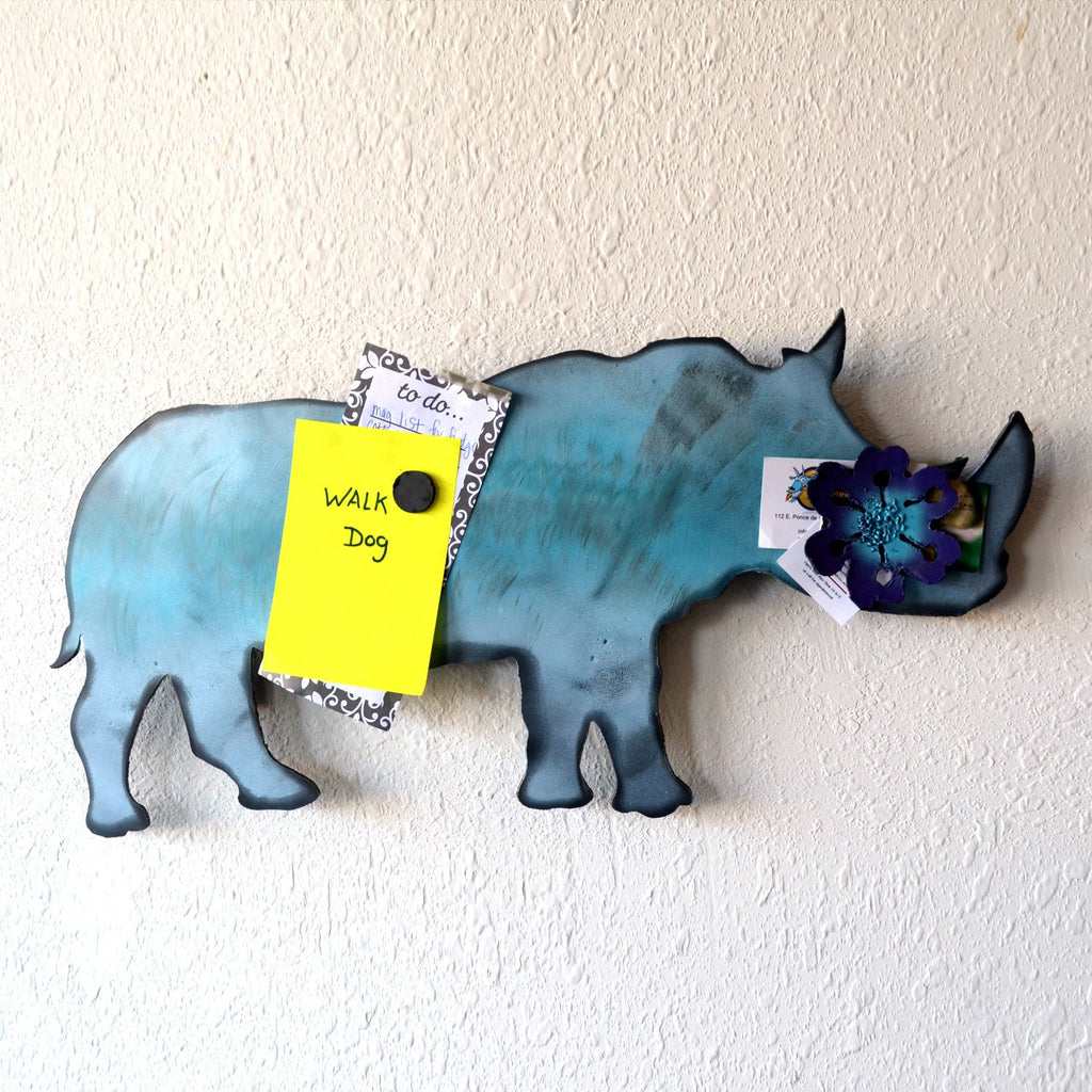 wall hanging solid metal rhino - handmade unique rhinoceros sculpture for home - made in Arkansas - free shipping - sturdy rustic blue white