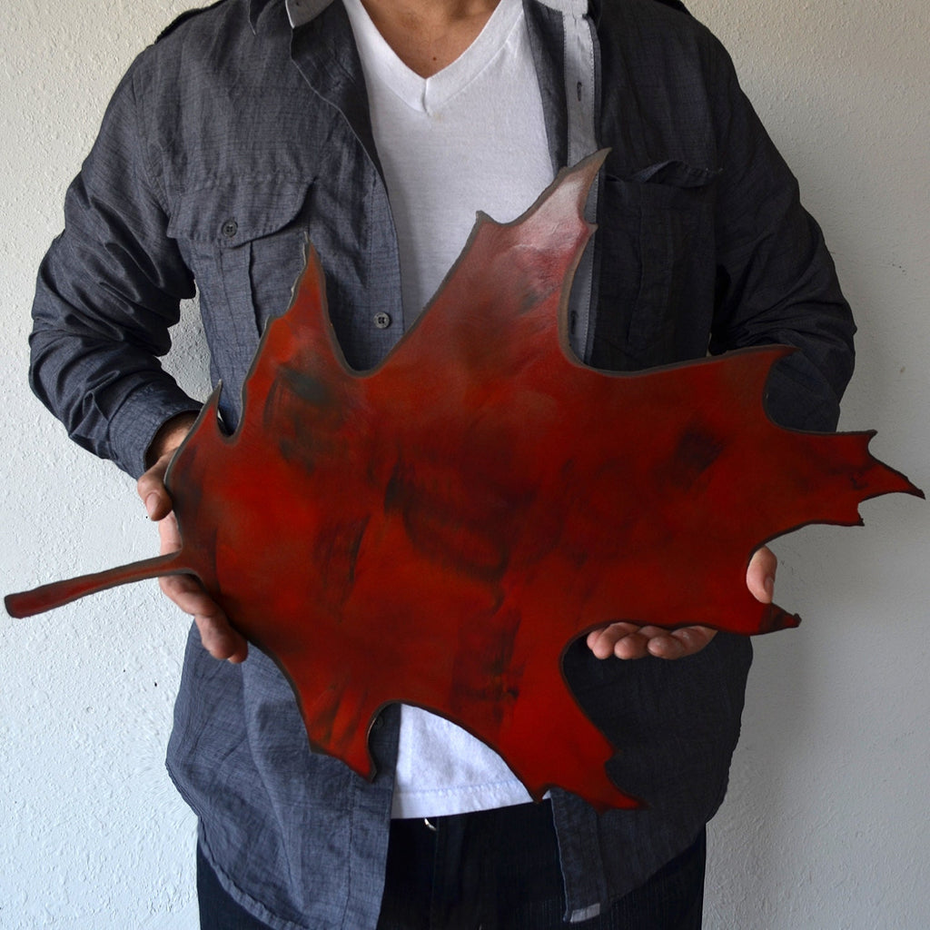 Red Metal Maple Leaf Wall Art: Rustic Note Board Organizer (22" X 17")