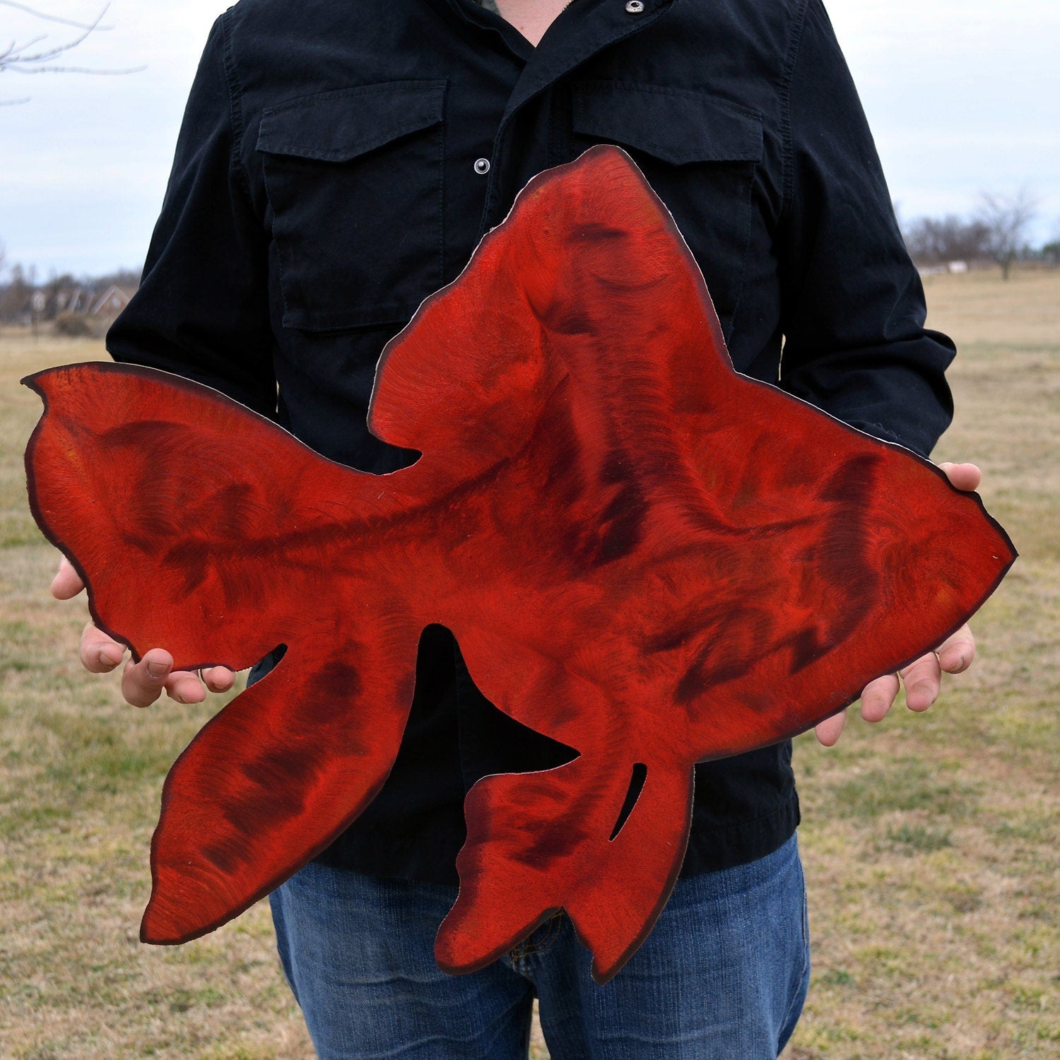 Red Fantail Goldfish Metal Wall Art: Rustic Steel Fish Sign