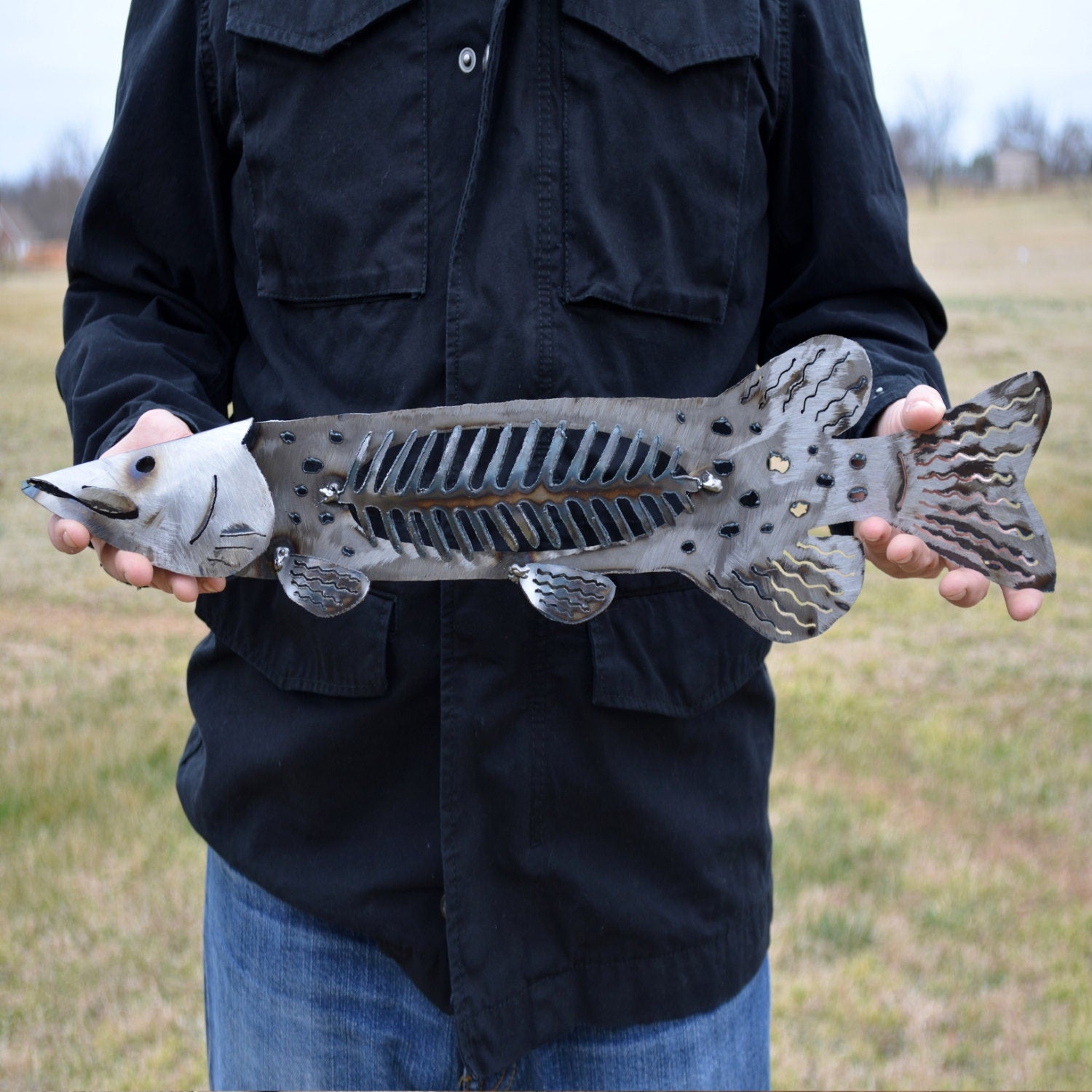 Metal Pike Sculpture: Cabin Lodge Fish Artwork, Man Cave Decor