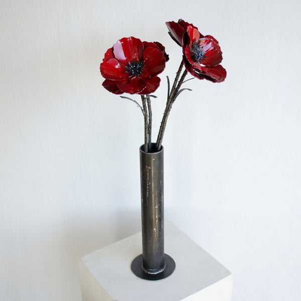 Metal Poppy Flower Arrangement: Industrial Sculpture in Vase