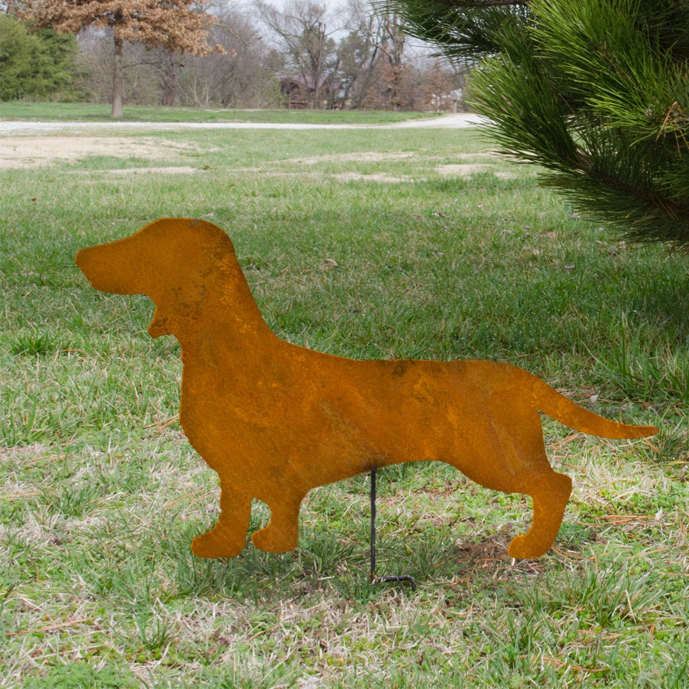 Rusted Metal Dachshund Garden Stake: Wiener Dog Outdoor Decor