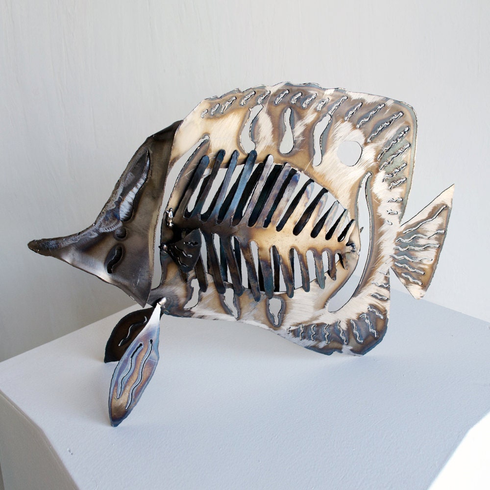 Metal Butterfly Fish Sculpture: Nautical Steel Art, Office Decor