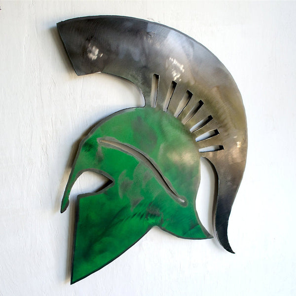 Metal Spartan Helmet Wall Art: Green & Black Trojan Decor