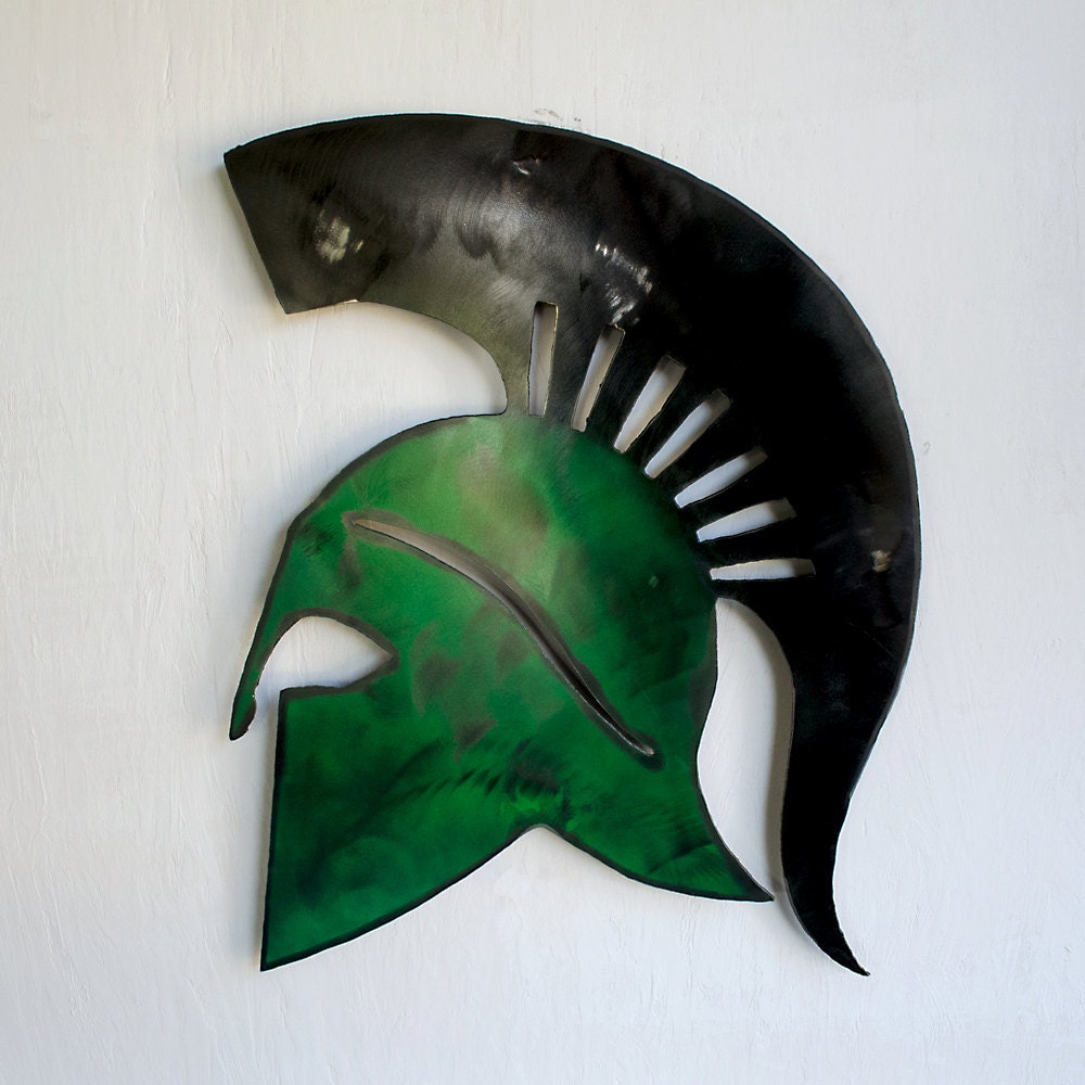 Metal Spartan Helmet Wall Art: Green & Black Trojan Decor