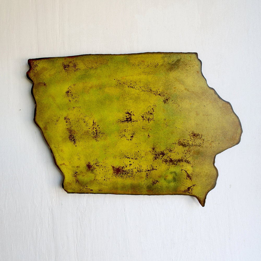 Rustic Iowa Silhouette Metal Wall Art - Weathered Yellow State Sign