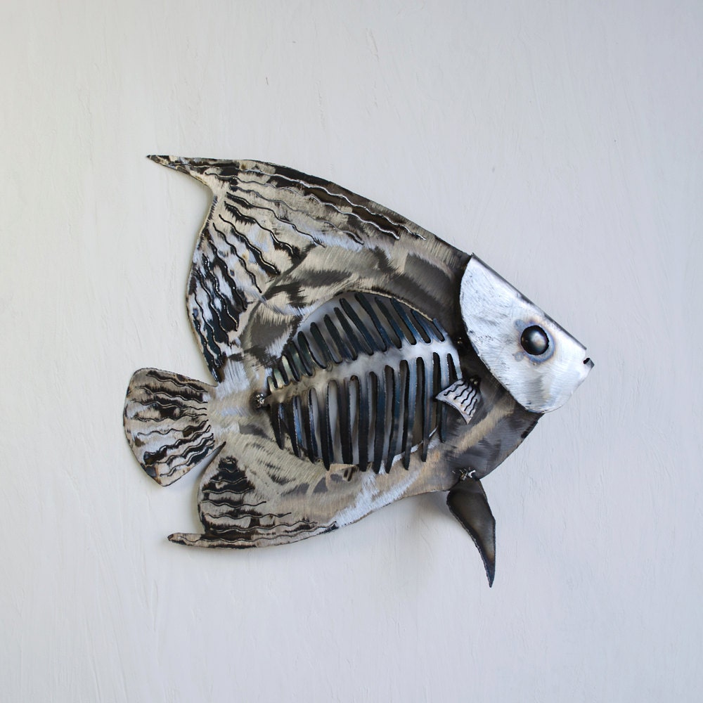 Metal Angelfish Sculpture: Nautical Steel Bone Fish Art