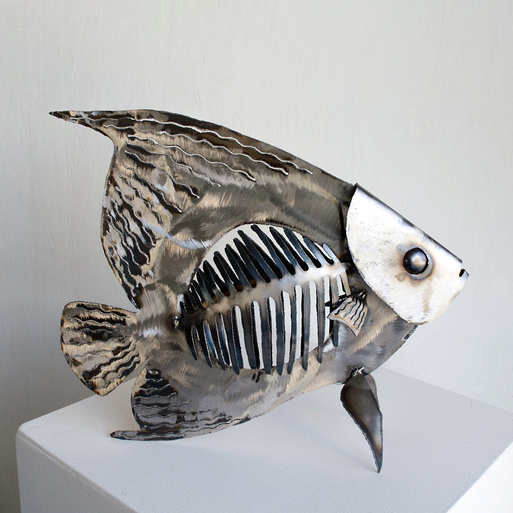 Metal Angelfish Sculpture: Nautical Steel Bone Fish Art