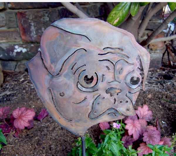 Pug Face Garden Stake - 8" Charming Dog Metal Art